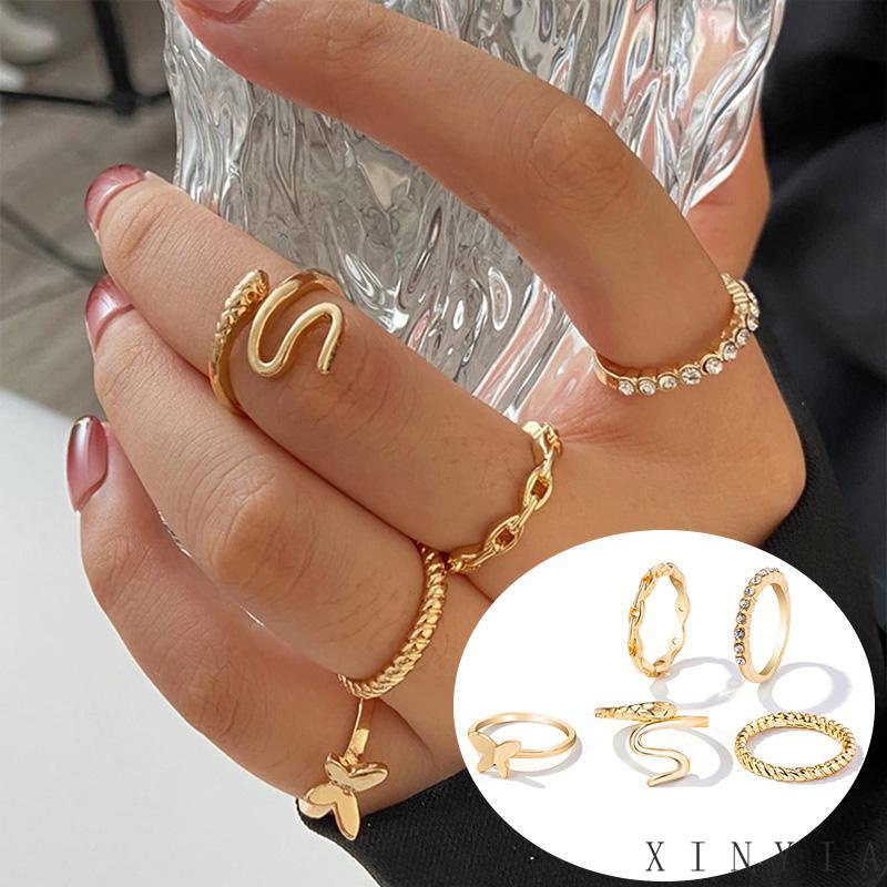 【Bayar di tempat】CIncin Fashion Wanita 5in1 Butterfly / Cincin KUpu kupu 5 pcs / Cincin TUmpuk Wanita Fashionable