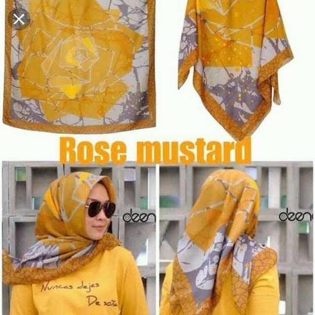 Hijab segiempat denay kw motif rose mustard