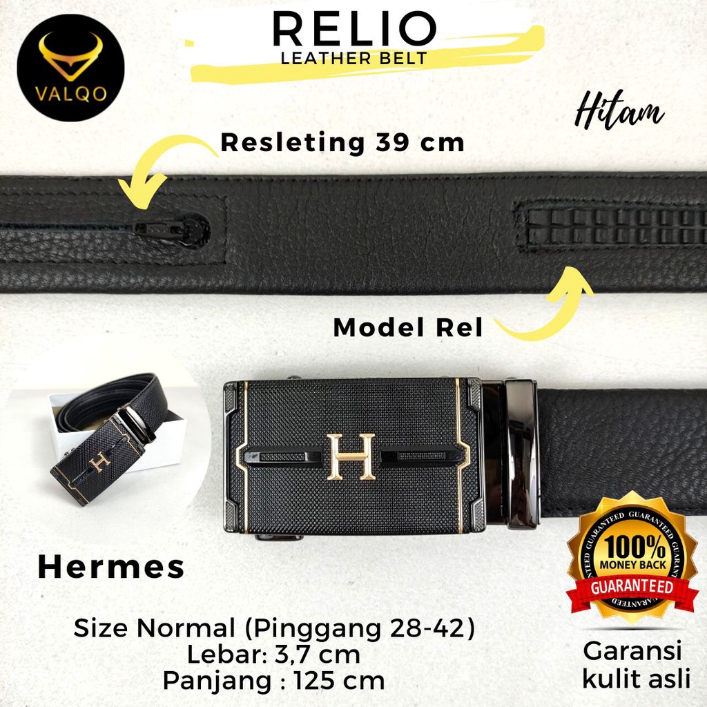 [VALQO] RELIO Resleting 125 CM Hitam Ikat Pinggang kulit sapi Rel Sabuk Cowok Pria Ukuran Standar Normal