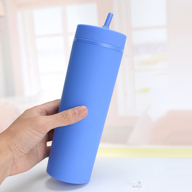 1pc Tumbler Dinding Ganda Bahan Plastik Ukuran 16oz Dengan Sedotan