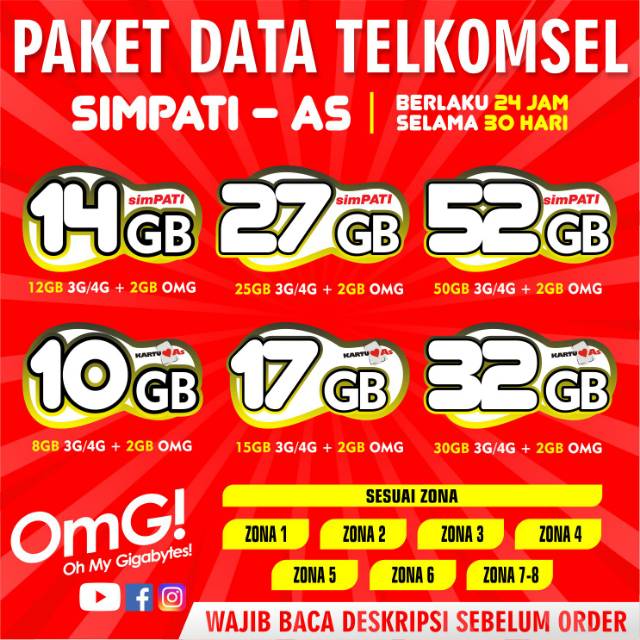 PAKET DATA TELKOMSEL SIMPATI 14GB/27GB/52GB - AS 10GB/17GB/32GB  24 JAM - 30 HARI