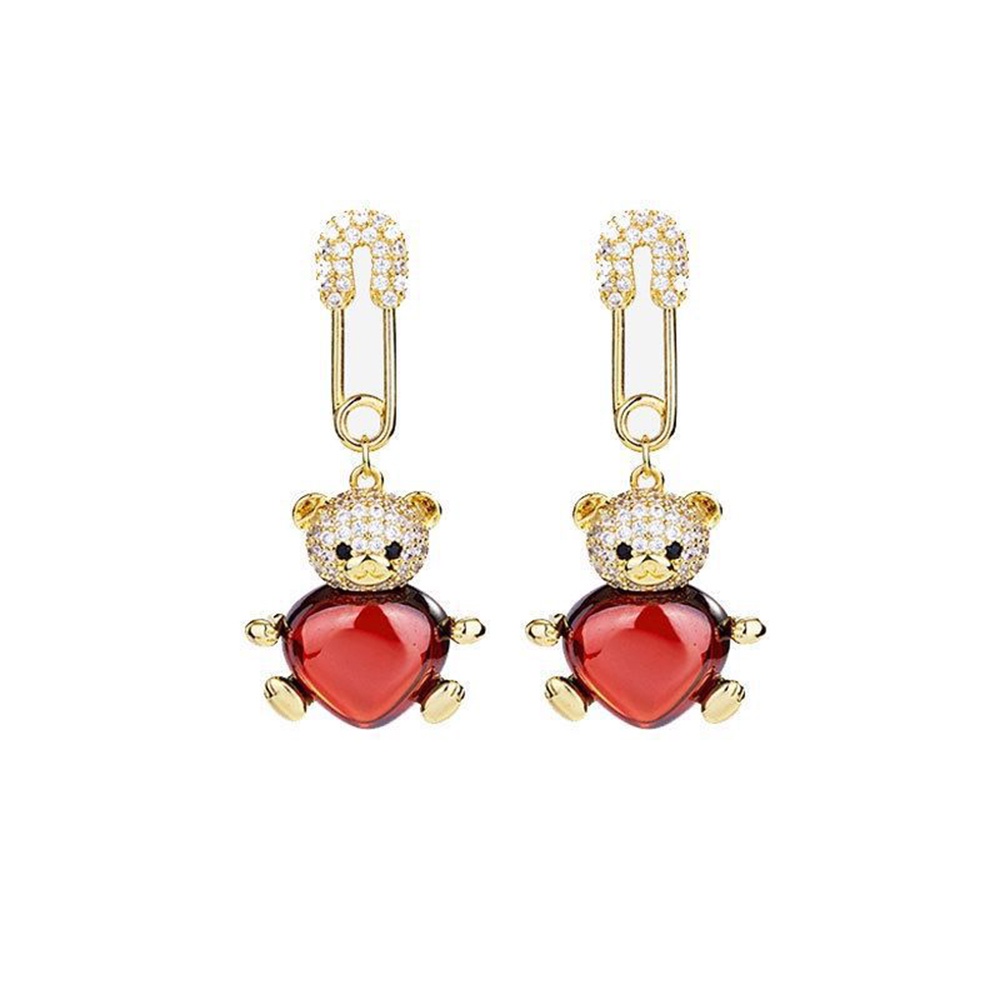 1 Pasang Anting Tusuk Sterling Silver 925 Desain Beruang Merah Hias Berlian Untuk Wanita
