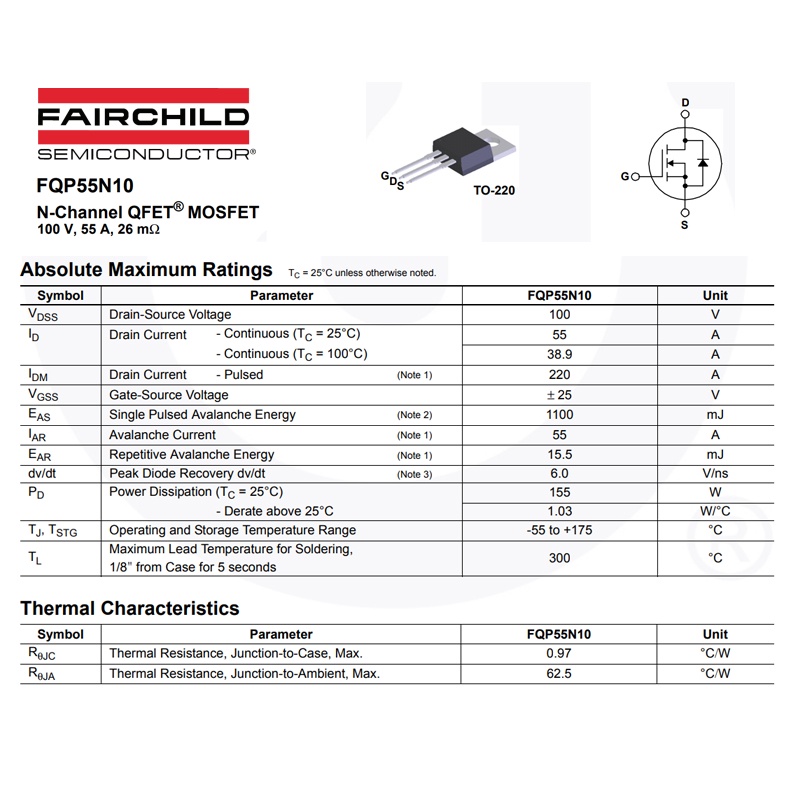 TRANSISTOR FQP55N10 TR FQP 55N10 TRANSISTOR MOSFET 55A 100V
