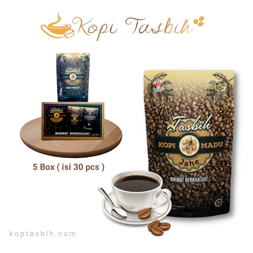 

Kopi Madu Jahe ( Kopi Tasbih ) 5 Box Isi 30 Pouch / Kopi Bubuk Robusta / Kopi 3in1/Kopi Sehat Alami Orginal/Kopi Jahe Madu/Kopi Tasbih Ramuan Herbal/Kopi Khusus untuk esehatan Imun Tubuh