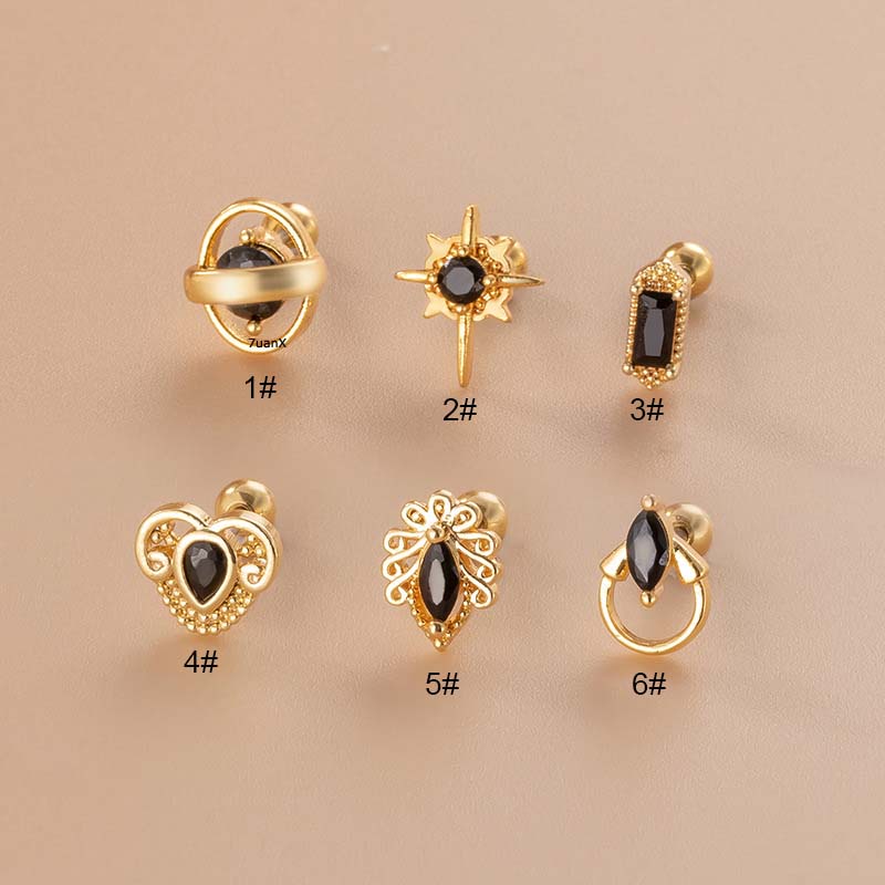 1pc Anting Tindik Tulang Rawan Telinga Desain Barbell Hias Zirkon Hitam 20Gauge