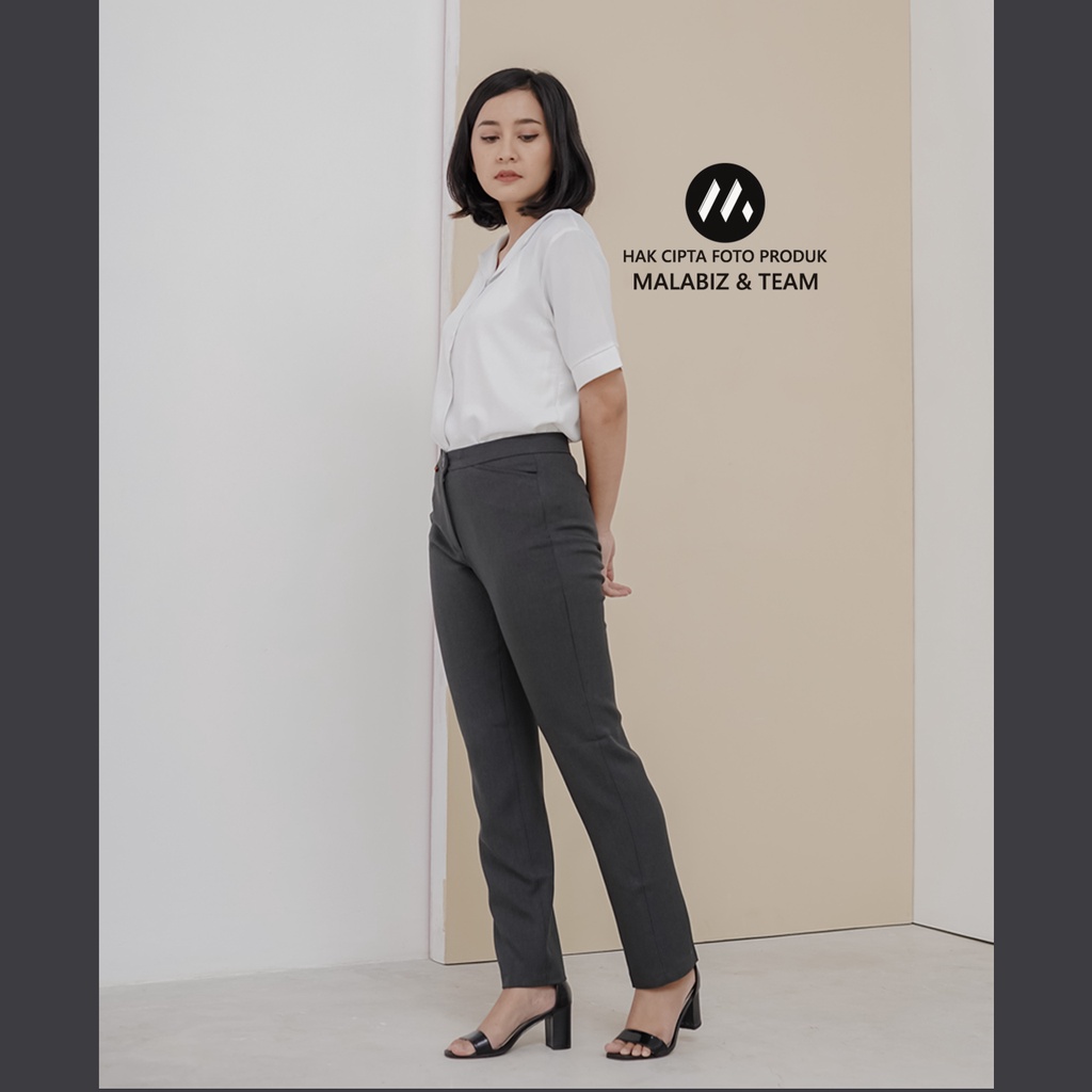 SHANNON  DARK GREY - Celana Kantor Wanita Slim Fit Bahan Stretch dan Tebal Celana Formal Wanita Celana Panjang wanita Hitam Celana Dasar Wanita Basic Standar Kerja Malabiz