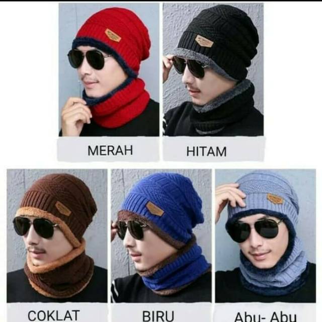 Set Topi winter dan syal rajut tebal topi beanie kupluk and scarf topi musim dingin ala Korea style