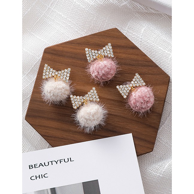 LRC Anting Tusuk Fashion Pink 925 Silver Pin With Rhinestone Bow Ball Earrings D48784