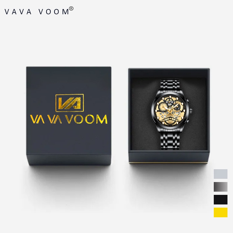 VA VA VOOM 2451 Jam Tangan Pria Desain Kerangka Mewah Stainless Steel Kuarsa Original Tahan Air Watc