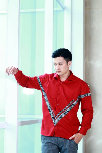 Kemeja Batik Pria Modern Merah M L XL XXL