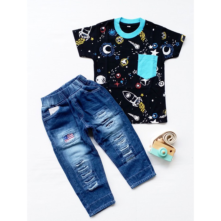 HappyOliver SET BRYAN FLAG EBV Setelan Kemeja Bayi Laki-laki Lengan Pendek celana jeans