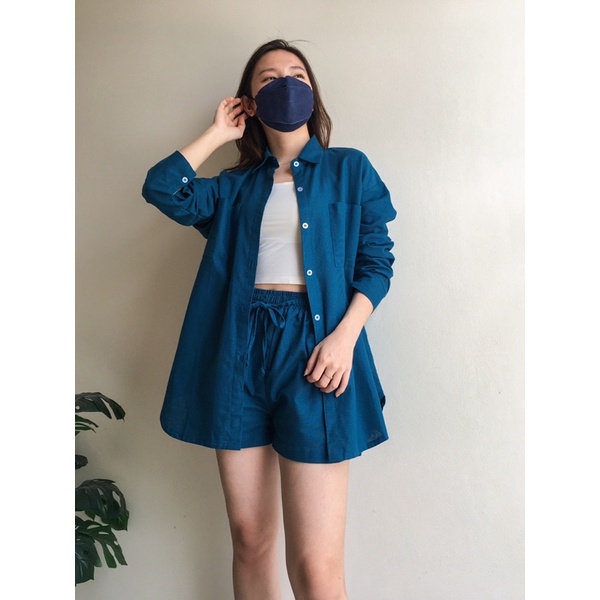 Bo Ra [보라] Linen Set (Kemeja + Celana) Setelan Pakaian Atasan Oversized Lengan Panjang Pendek Wanita