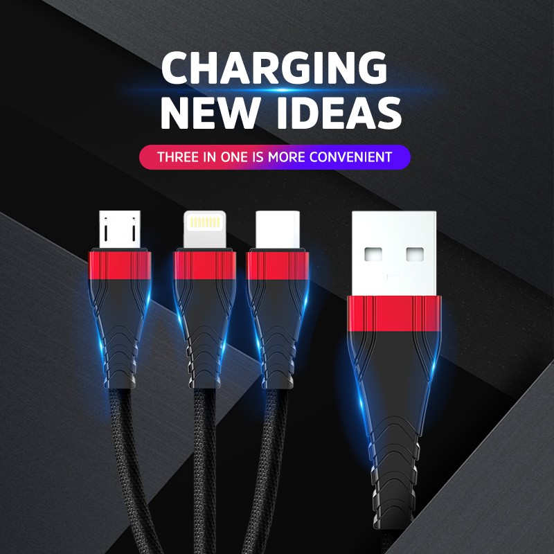 Kivee Kabel 3-IN-1 Android Micro USB Type-C IOS Apple Samsung Iphone Fast Charging CH062