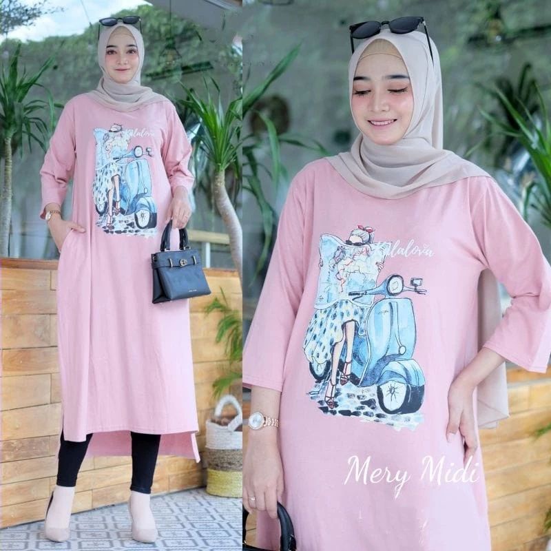 Mery midi/baju dress midi  cewek muslimah terbaru/terlaris kaos midi bahan combed 24s aplikasi sablon