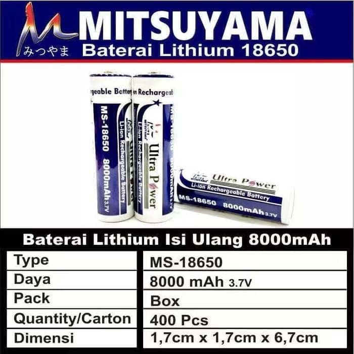 Paket 2 baterai Mitsuyama 18650 8000mAh Recahargeable Free Case