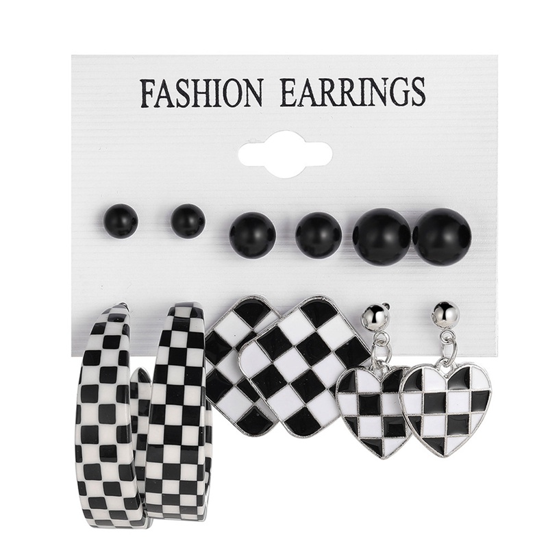 6 Pasang / Set Anting Tusuk Gantung Bahan Metal + Akrilik Desain Hati / Persegi / Kotak-Kotak Gaya Vintage / Elegan Untuk Wanita