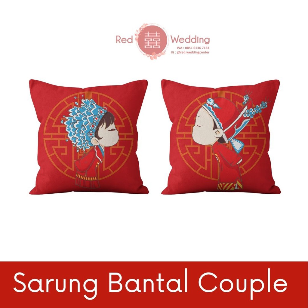 [SET COUPLE] Sarung Bantal Bahan Tebal Soft Sofa Merah Tema Wedding Shuang Xi Couple Lucu