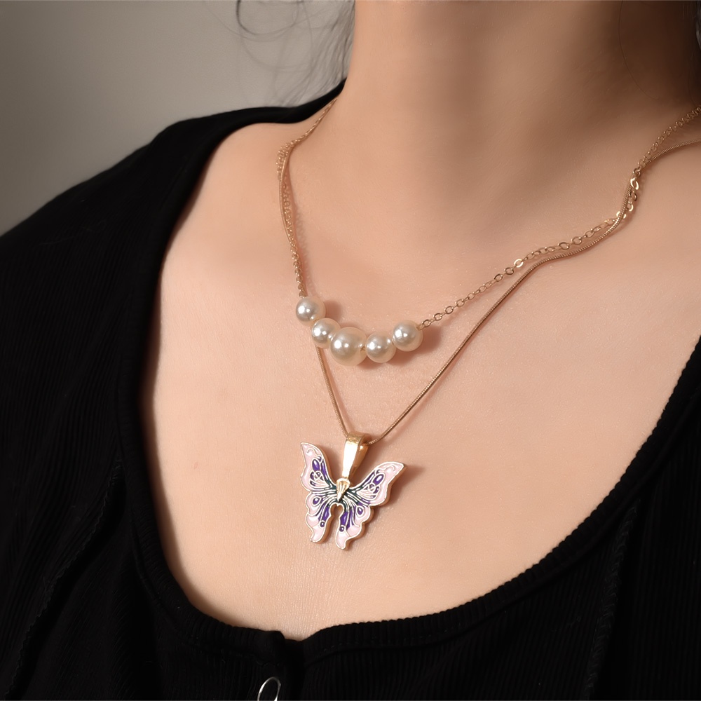 Women Fashion Double Layer Pearl Butterfly Enamel Pendant Necklace/Kalung Klavikula Elegan/Hadiah Populer Aksesoris Perhiasan