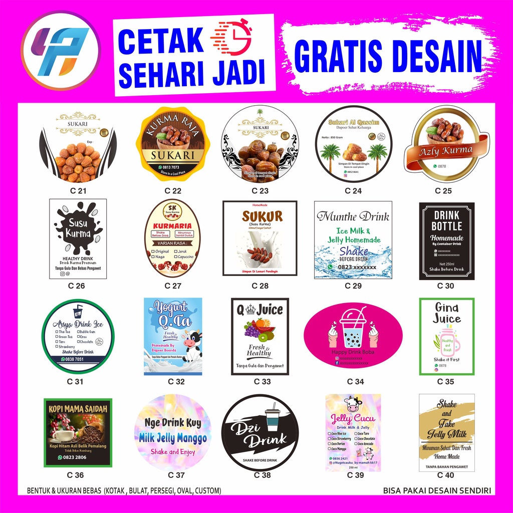CETAK STIKER LABEL KEMASAN A3 KROMO + CUTTING (Kotak, Bulat, Oval, Custom)-1