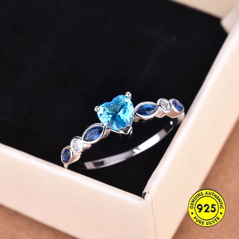 Cincin Sterling Silver 925 Dengan Topaz Bentuk Hati Warna Biru Laut Untuk Wanita