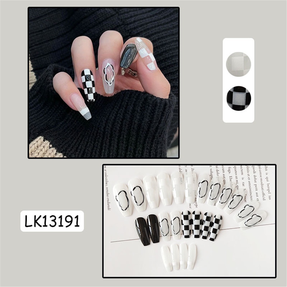 24pcs Kuku Palsu Warna Hitam Putih Hijau Wearable Untuk Dekorasi Nail Art