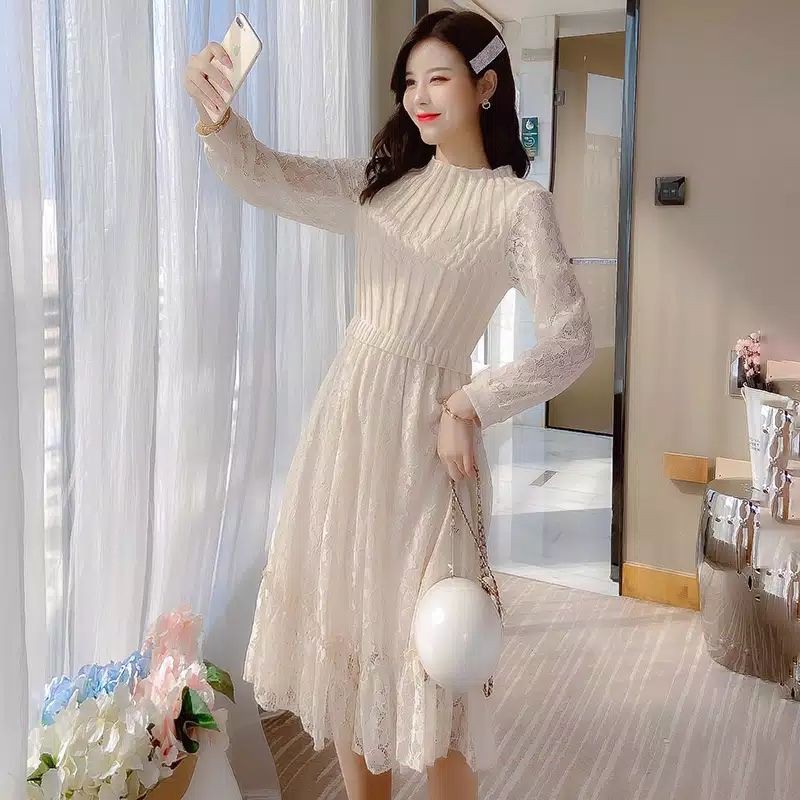 gaun dress lengan tangan panjang rok pendek brukat kombinasi rajut bahan halus import ready cream