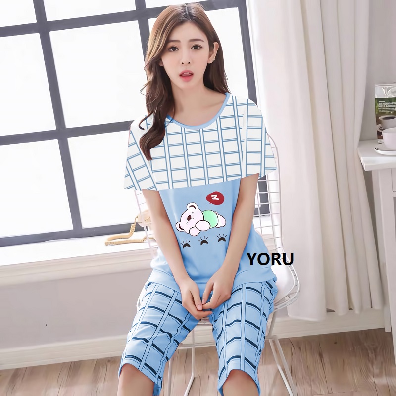 Pamelo.id Stelan C3/4 Baby Doll / Suplier Sleep Wear / Baju Tidur Wanita kaos Katun / Stelan Baju Tidur Murah Produk Terlaris Set HP-Bear zzZ Biru