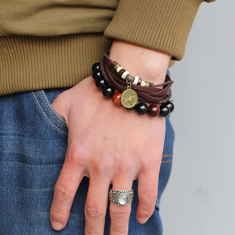 Hu Hu Hu Hu Hu Alat Bantu Pasang Kacamata♡ Gelang Tangan Kulit Imitasi Banyak Lapis Aksen Koin Motif Zodiak Retro Untuk Unisexpriawanita