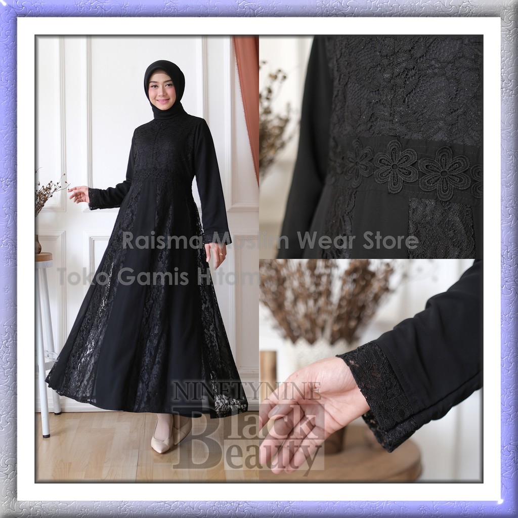 Gamis Gaun Hitam Kombinasi Brokat Pecah 8 NInetynineBLACK BEAUTY