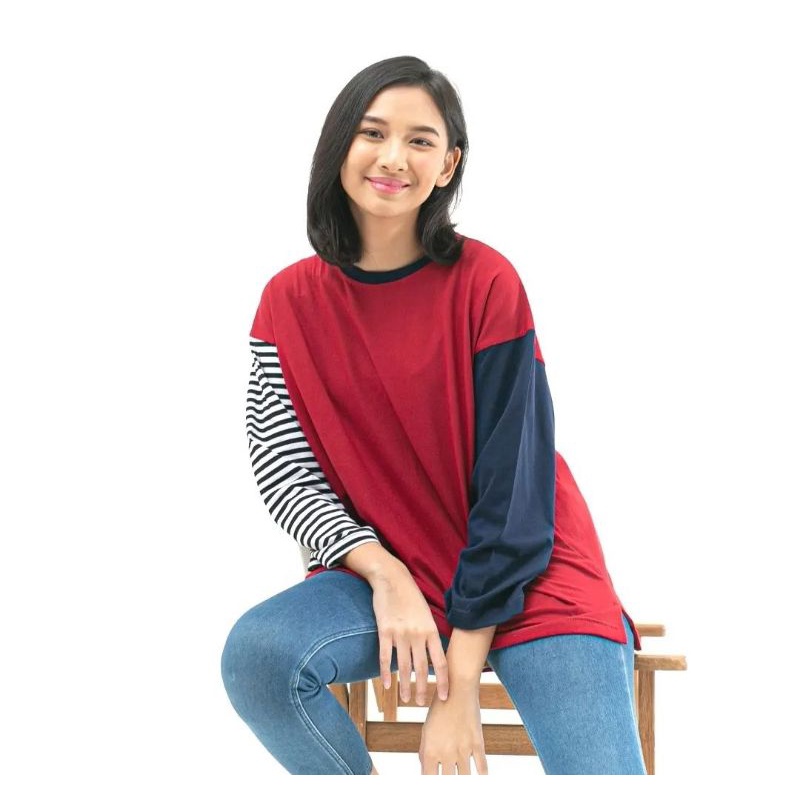 kaos polos kombinasi salur lengan panjang