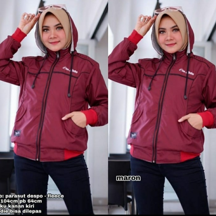 JAKET PARASUT WANITA BOLAK BALIK JAKET HOODIE MOTOR CEWEK TERBARU - MARON