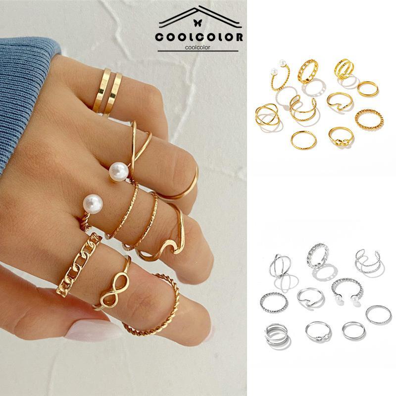 COD⭐10 Buah Set Wanita Kreatif Sederhana Manik-manik Ganda Cincin Gabungan Geometri Gelombang Mutiara- cl