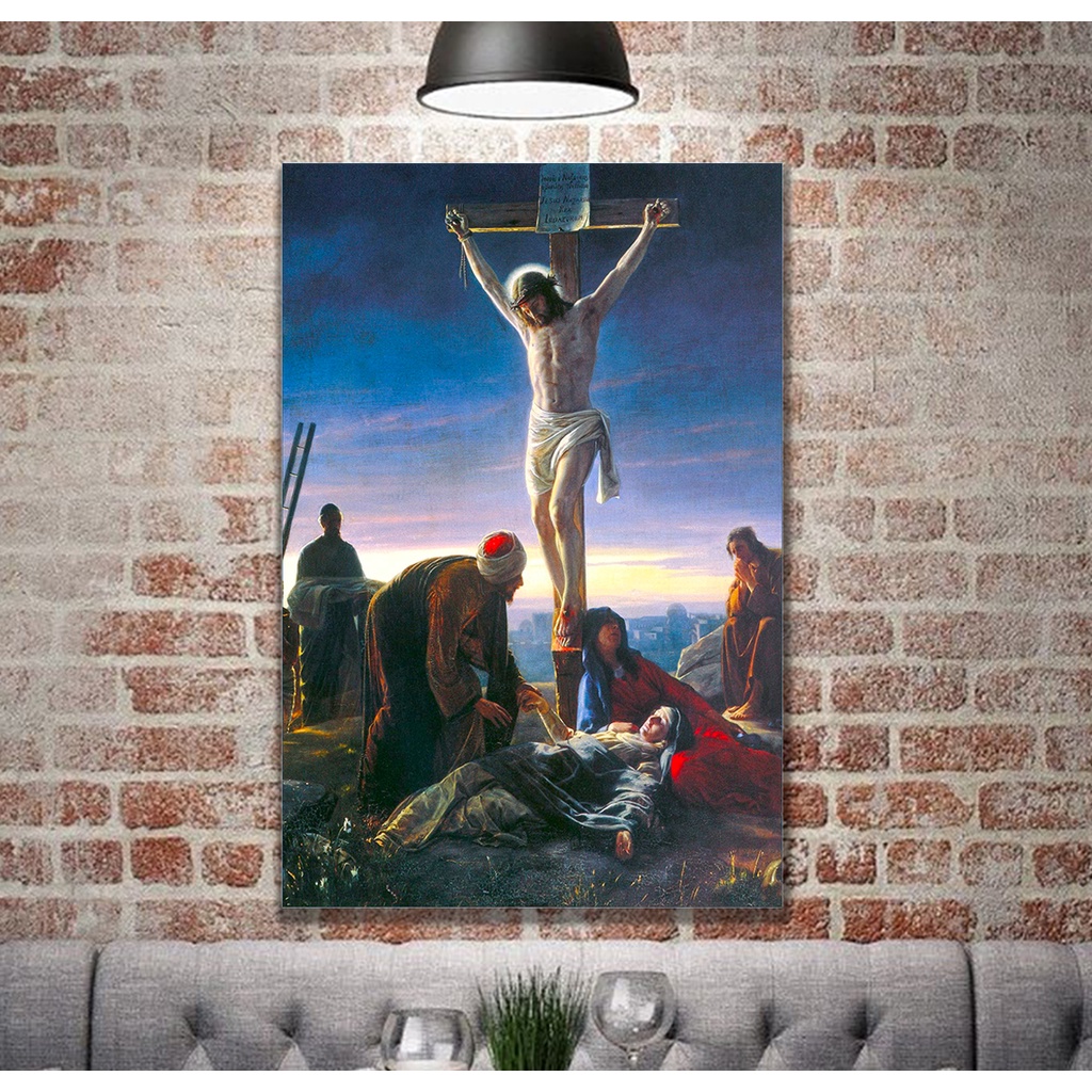 LUKISAN YESUS DI KAYU SALIB UK 40X60CM DIGITAL PRINT RANGKA SPANRAM