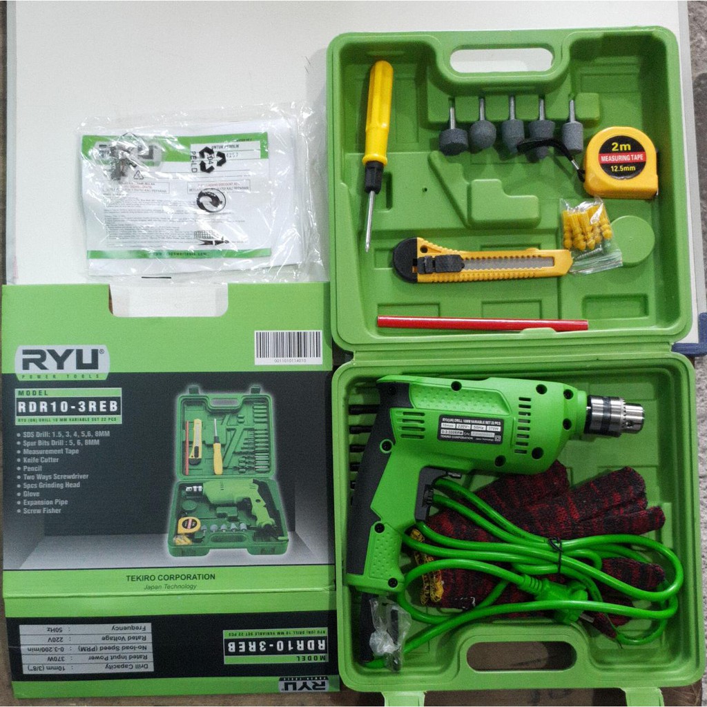 GARANSI RESMI ! RYU KOPER SET  RID 13 REB 10 mm Mesin Bor Tangan Hand Drill Black Decker Besi Kayu 2 arah