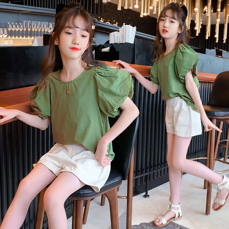 Setelan Anak Perempuan Shoulder Puff Sage Green