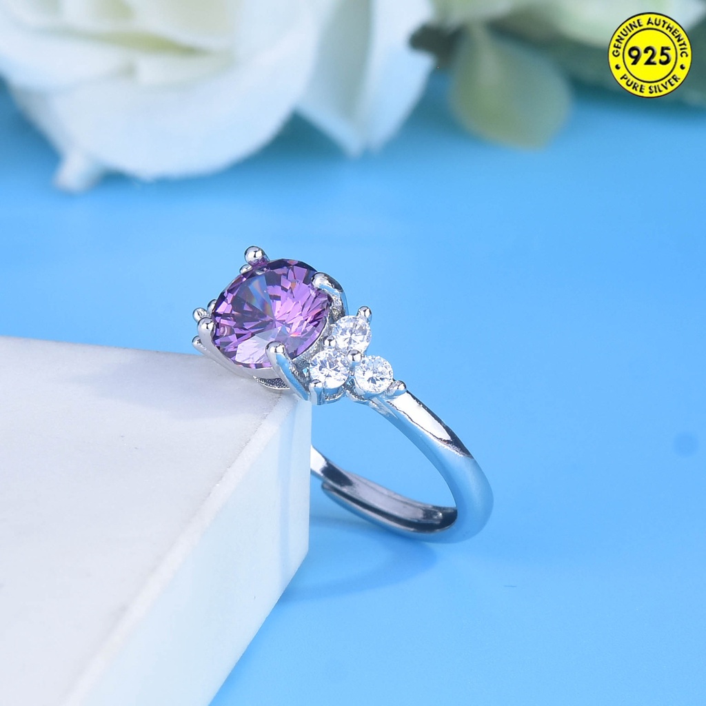 Cincin Bahan Sterling Silver 925 Hias Berlian 1 Karat Warna Ungu Untuk Wanita