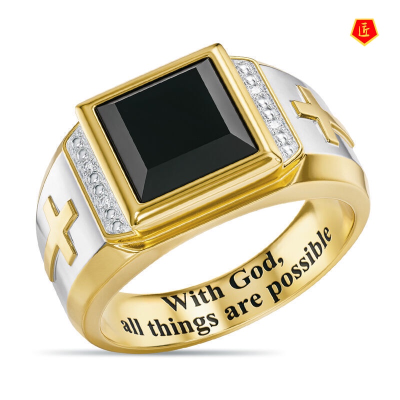 [Ready Stock]Men's Fashion Personality Cross Black Agate Ring