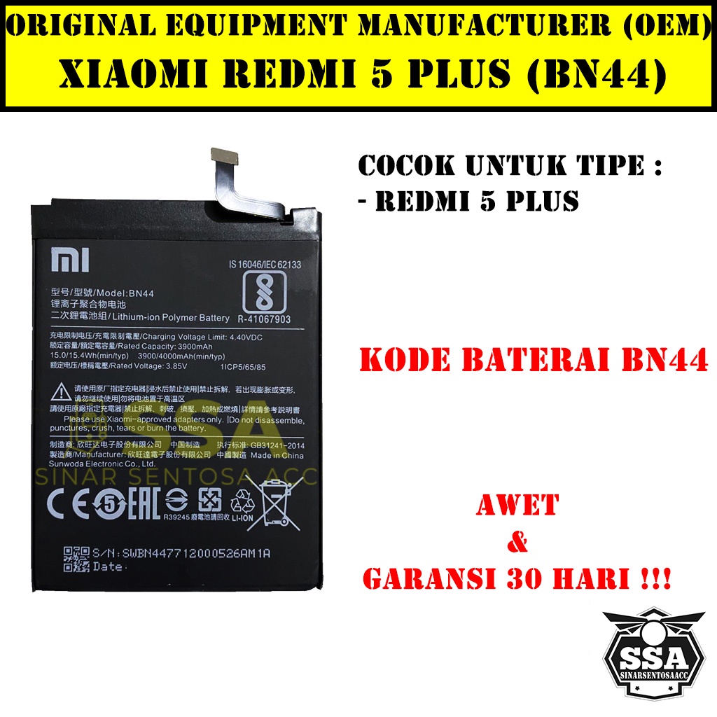 Baterai Xiaomi Redmi 5 Plus BN44 Redmi5Plus Xiaomi5Plus Redmi BN 44 Original OEM Batu Batere Batre Battery Batrai Batrei ori hp Xiao Mi Garansi