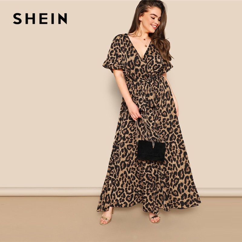 BAZAR SHEIN Women Plus Size Flounce Sleeve Tie Waist Surplice Wrap Leopard A Line Dress Spring