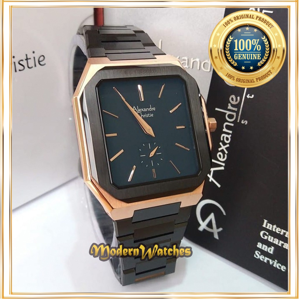 Jam Tangan Pria Alexandre Christie AC 8601 Original Hitam Rosegold Black Kotak Rantai Stainless