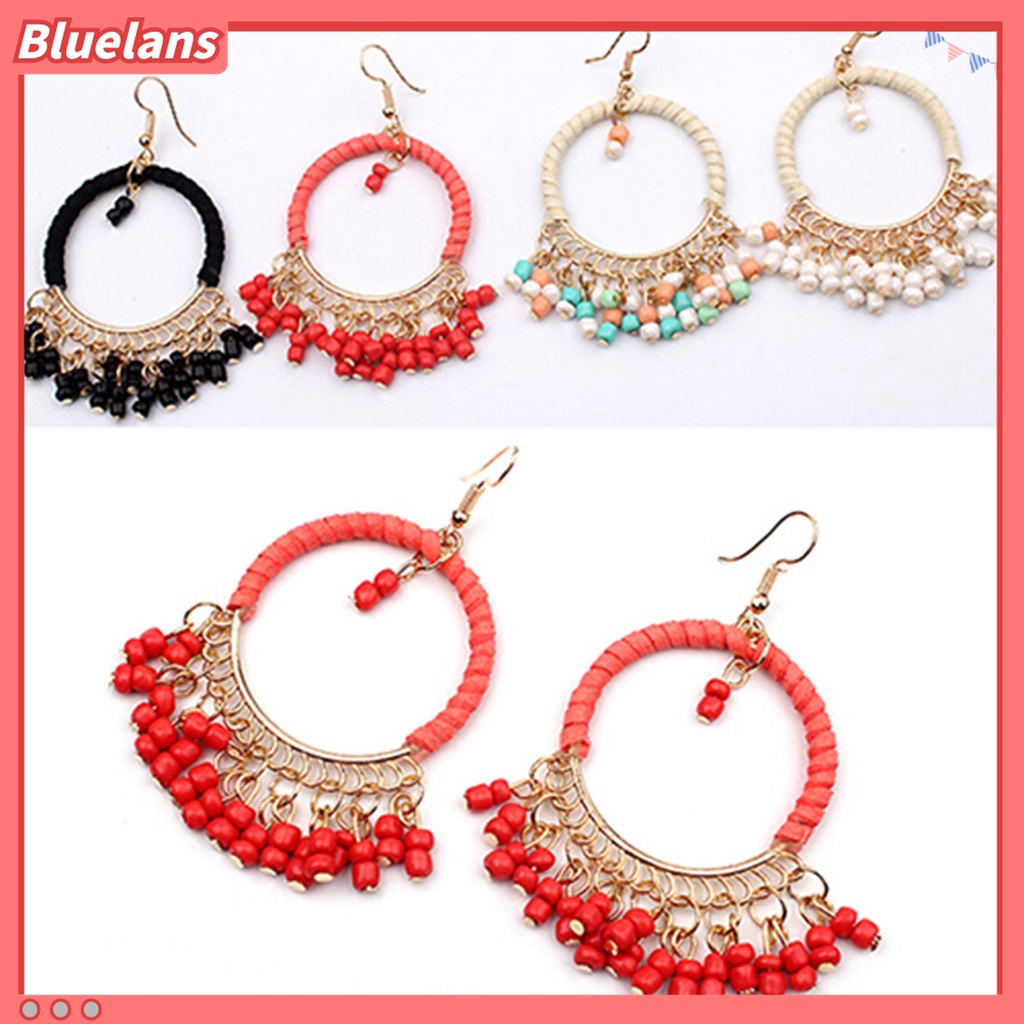 1 Pasang Anting Kait Gantung Desain Manik-Manik Rumbai Bahan Alloy Gaya Boho Untuk Wanita