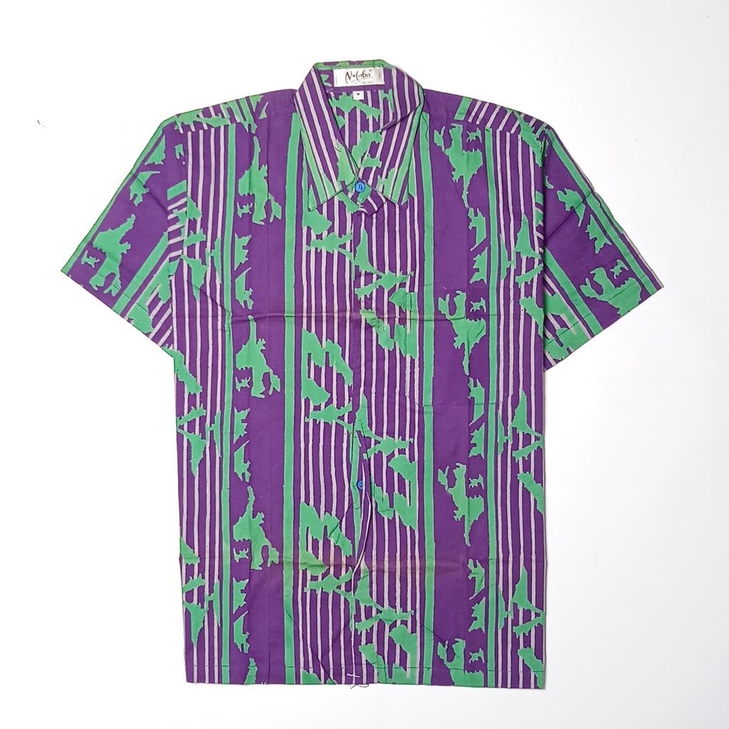 Kemeja Baju Batik Pria Lengan Pendek Cap Hijau Ungu Tua