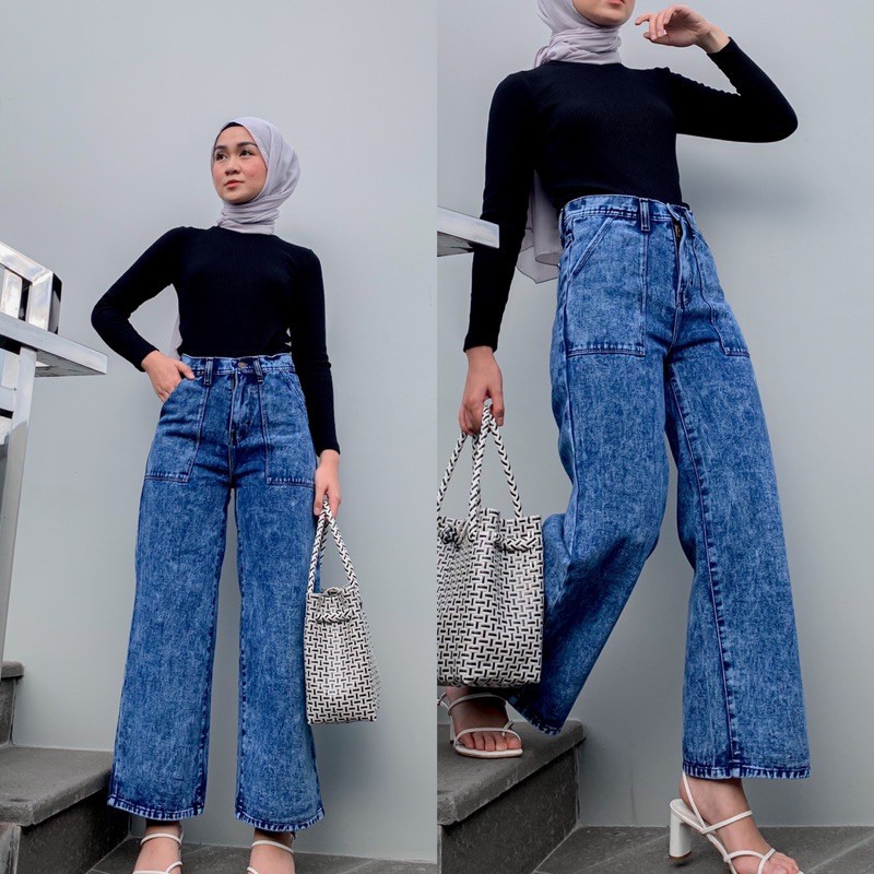 Celana Jeans Cewek Kekinian Lepis Hight Waistwanita Jenim Azka Hi EK693 Kulot Jeans Kantong Tempel