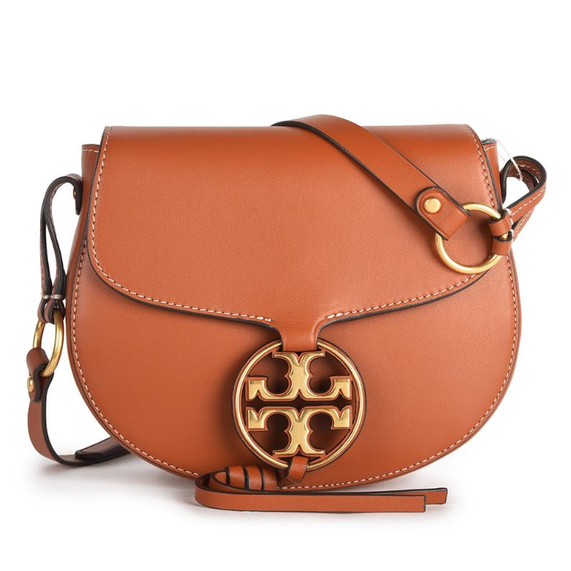 Tory Burch Miller Hollow Logo Leather Crossbody Saddle Bag (Small) Camel Coffee