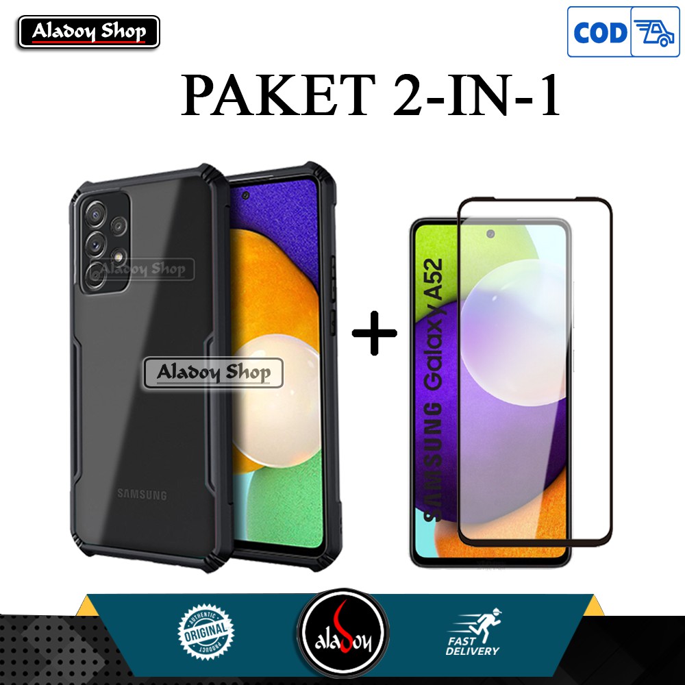 PAKET Case Samsung A52 2021 Transparent Casing + Tempered Glass Layar Full