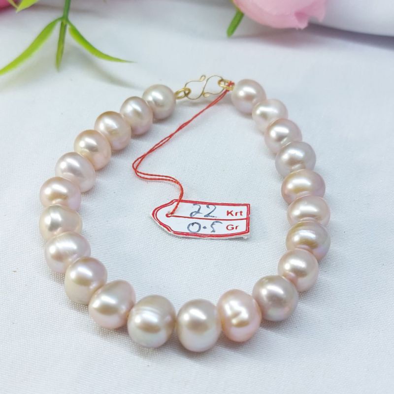 Gelang mutiara air tawar super lombok asli dengan pengait emas 22 karat