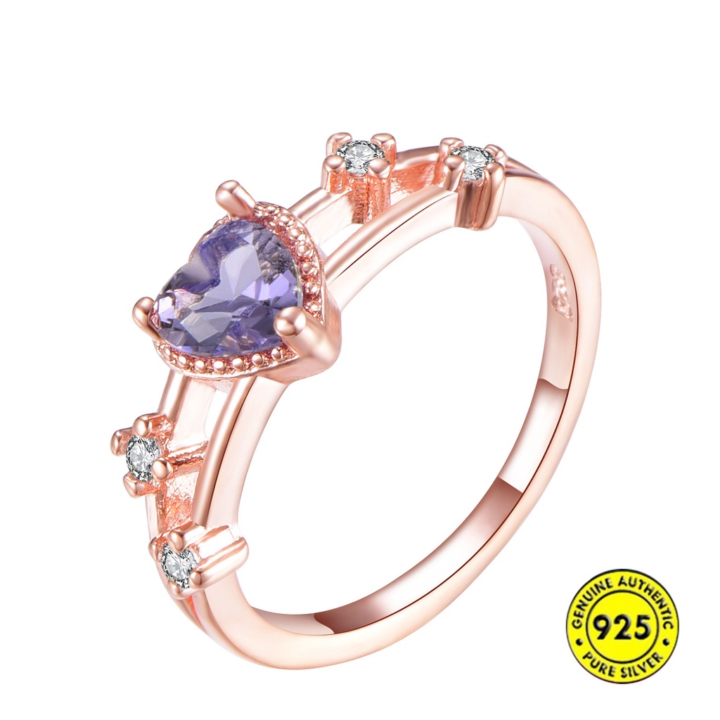 Cincin S925 Silver Rose Gold 18k Bentuk Hati Aksen Kristal Ungu