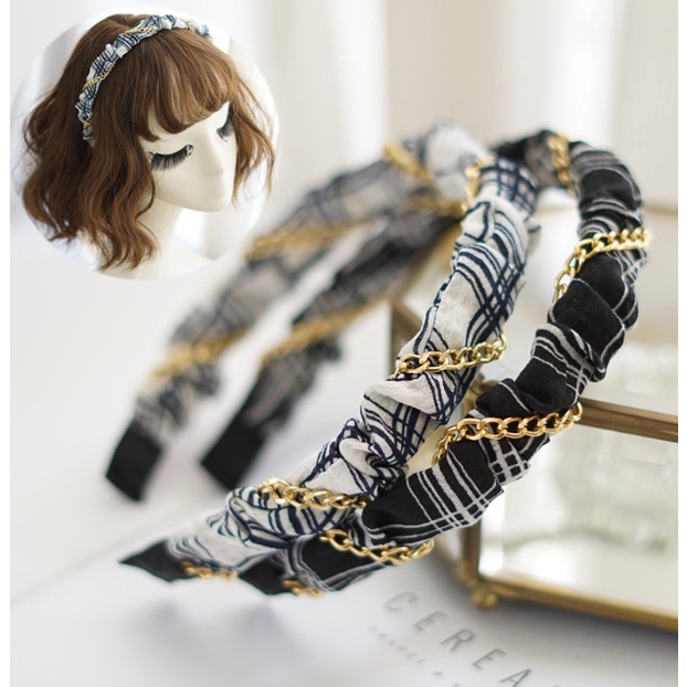 Bando Bandana Wanita Korea Trendy Motif Polos Simple Rantai Tweed Gati