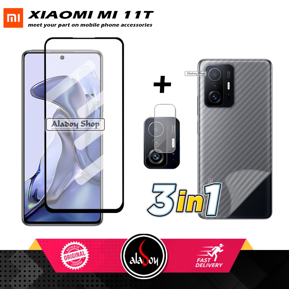 PAKET 3 IN 1 Tempered Glass Layar Xiaomi Mi 11T Free Tempered Glass Camera dan Skin Carbon