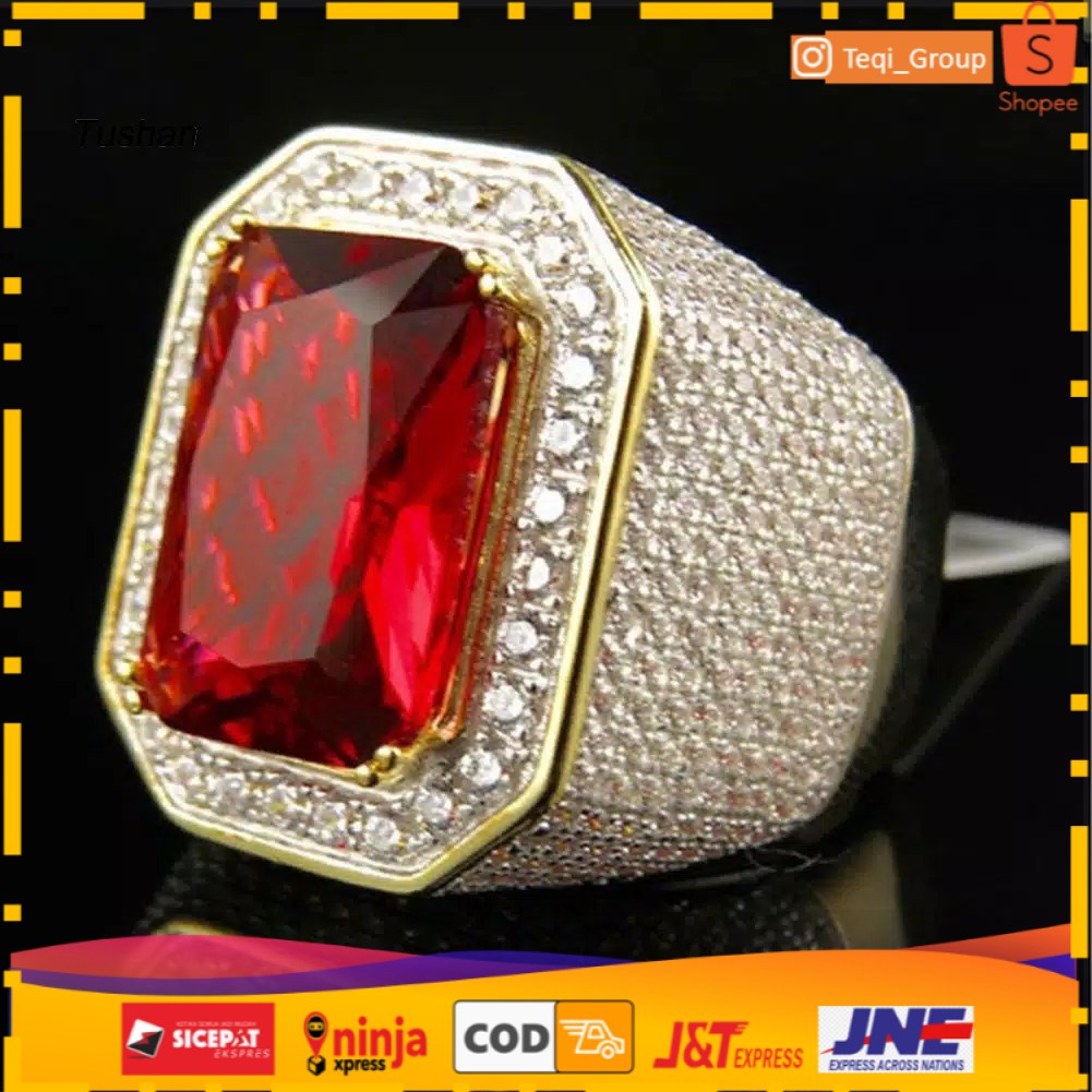 CINCIN PRIA BATU MERAH MEWAH LIS PERMATA RING GOLD